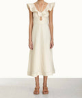 Zimmermann Halcyon Cutout Ruffled Shell Embellished Linen Midi Dress - 14 / Cream - Dresses