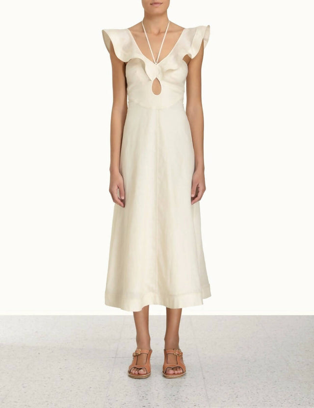 Zimmermann Halcyon Cutout Ruffled Shell Embellished Linen Midi Dress |  Passion For Fashion