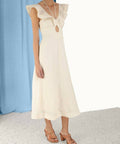 Zimmermann Halcyon Cutout Ruffled Shell Embellished Linen Midi Dress - 14 / Cream - Dresses