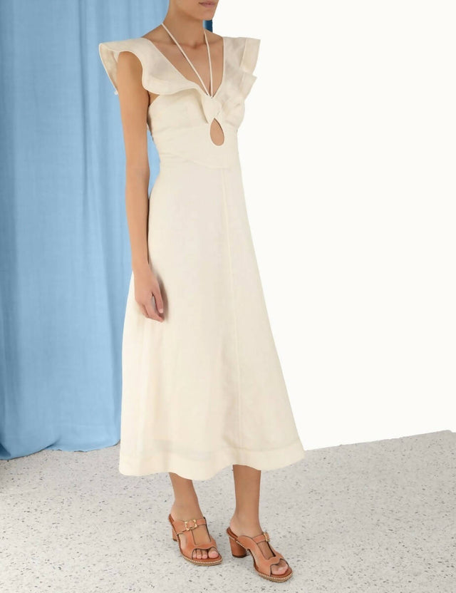 Zimmermann Halcyon Cutout Ruffled Shell Embellished Linen Midi Dress