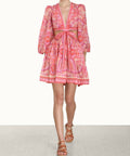 Zimmermann - Zimmermann Halcyon Tie Front Mini Dress in Pink/Purple Paisley