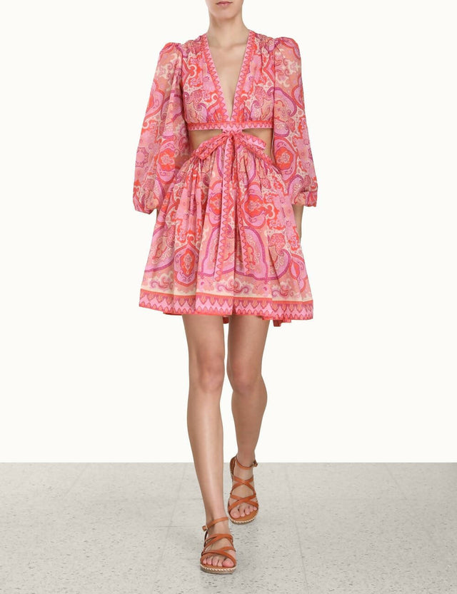 Zimmermann - Zimmermann Halcyon Tie Front Mini Dress in Pink/Purple Paisley