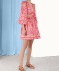 Zimmermann - Zimmermann Halcyon Tie Front Mini Dress in Pink/Purple Paisley