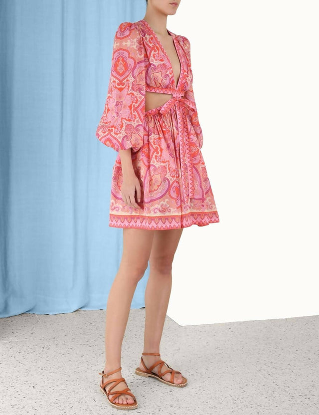 Zimmermann - Zimmermann Halcyon Tie Front Mini Dress in Pink/Purple Paisley