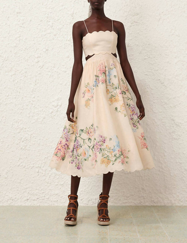 Zimmermann Halliday Scallop Midi Dress in Cream Watercolour Floral Size 1 - 10 / Floral - Dresses