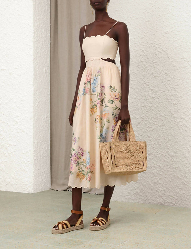 Zimmermann Halliday Scallop Midi Dress in Cream Watercolour Floral Size 1 - 10 / Floral - Dresses
