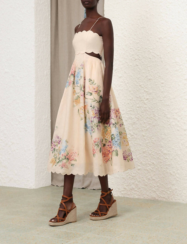 Zimmermann Halliday Scallop Midi Dress in Cream Watercolour Floral Size 1 - 10 / Floral - Dresses