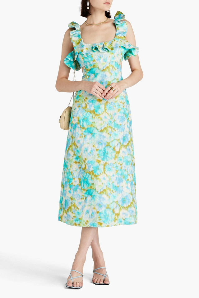 Zimmermann Hide Tide Printed Linen Midi Dress Aqua Ikat Floral Size AU 6 - Dresses