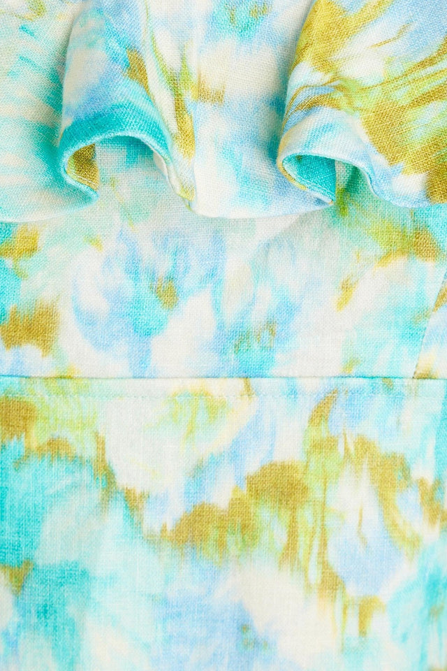 Zimmermann Hide Tide Printed Linen Midi Dress Aqua Ikat Floral Size AU 6 - Dresses
