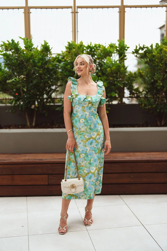 Zimmermann Hide Tide Printed Linen Midi Dress Aqua Ikat Floral Size AU 6 - Dresses