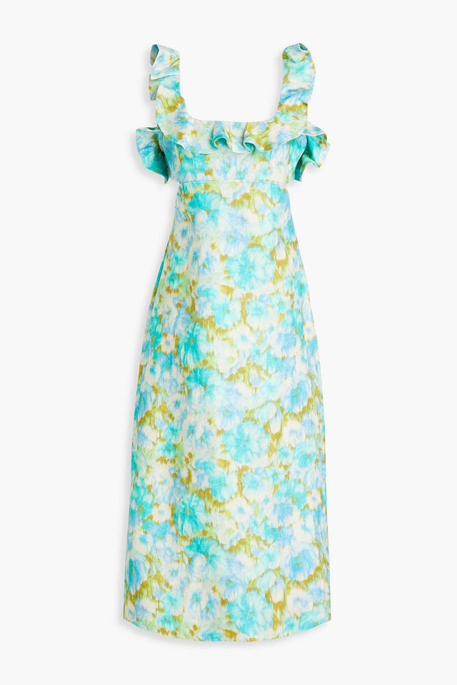 Zimmermann Hide Tide Printed Linen Midi Dress Aqua Ikat Floral Size AU 6 - Dresses