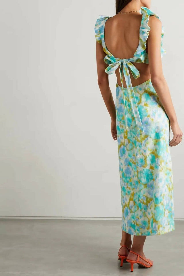 Zimmermann High Tide Open-Back Ruffled Floral-Print Linen Midi Dress S