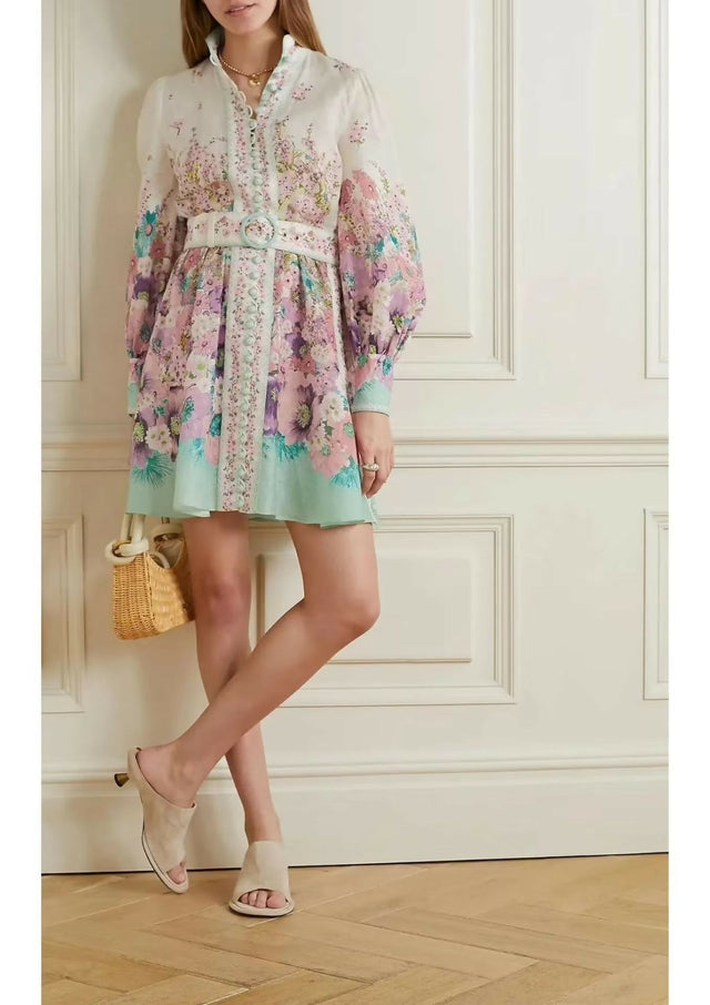 Zimmermann Jude Buttoned Mini Dress Aqua Gradient Floral Size 2 / AU 12 - 12 / Floral - Dresses