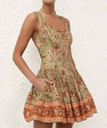 Zimmermann - Zimmermann Junie Panelled Mini Dress in Sage/Brown Floral