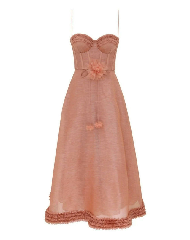 Zimmermann Luna Ruffle Midi Dress in Peony - 12 / Pink - Dresses