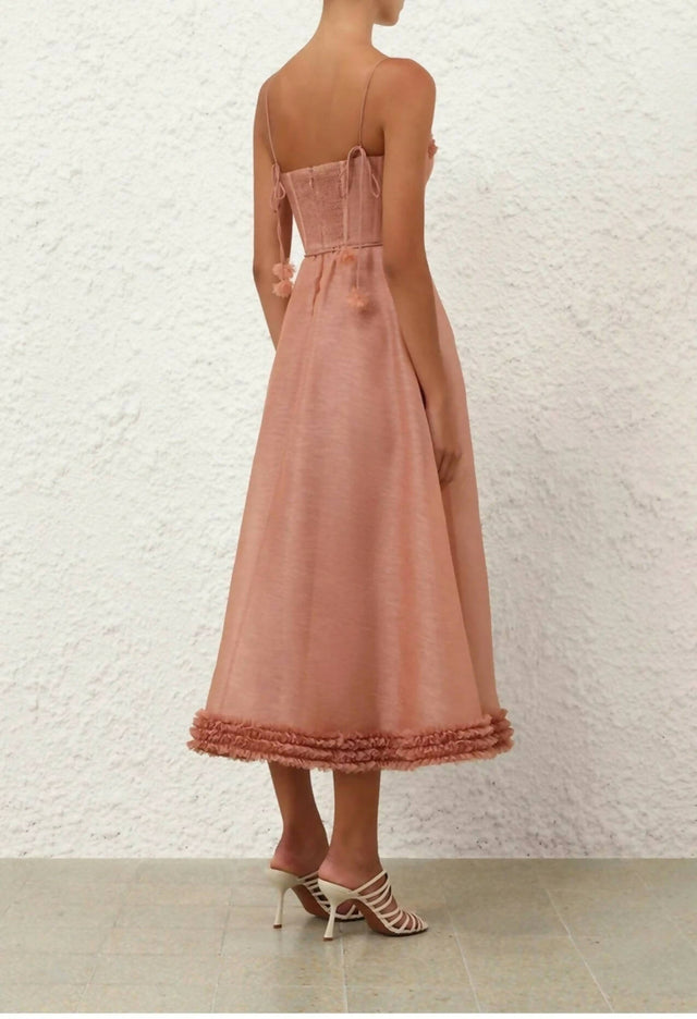 Zimmermann Luna Ruffle Midi Dress in Peony - 12 / Pink - Dresses