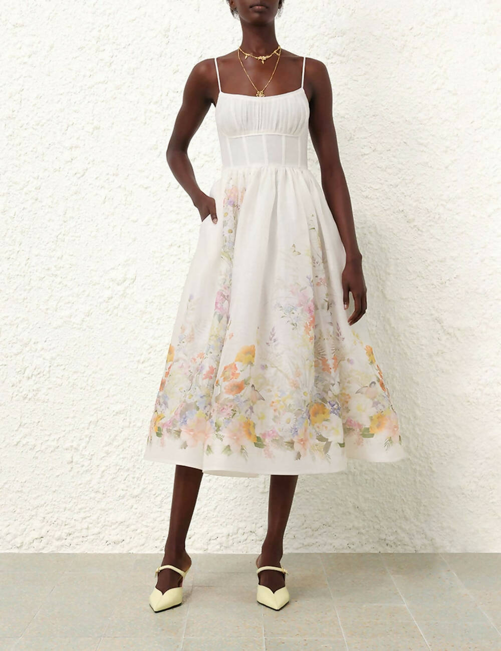 Zimmermann - Zimmermann Natura Ruched Midi Dress in Ivory Wild Flowers