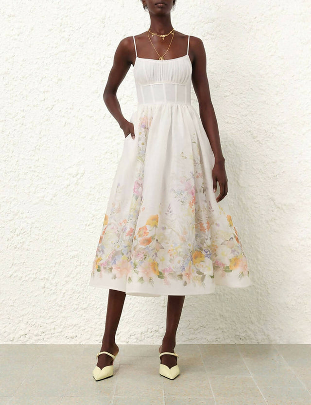 Zimmermann - Zimmermann Natura Ruched Midi Dress in Ivory Wild Flowers