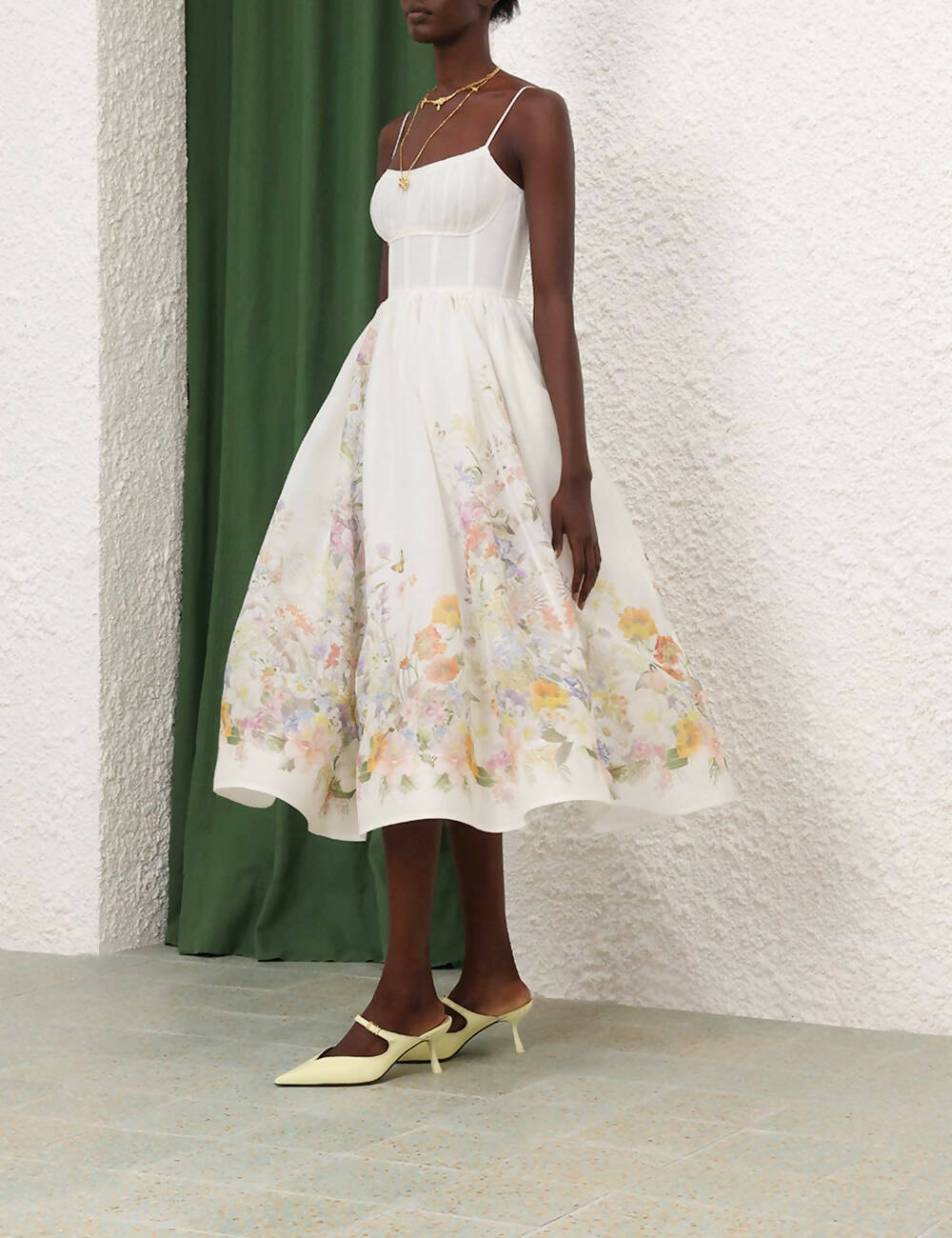 Zimmermann - Zimmermann Natura Ruched Midi Dress in Ivory Wild Flowers