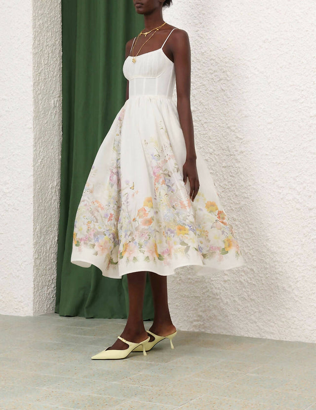 Zimmermann - Zimmermann Natura Ruched Midi Dress in Ivory Wild Flowers
