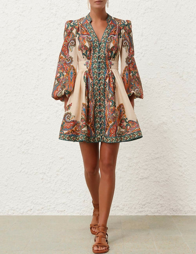 Zimmermann Ottie Plunge Mini Dress in Multi Paisley - Dresses