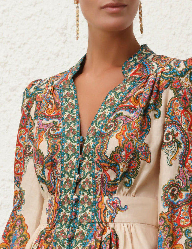 Zimmermann Ottie Plunge Mini Dress in Multi Paisley - Dresses