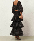 Zimmermann Pleated Draped Bodice and Tiered Midi Skirt in Black Dot - Outfit Sets