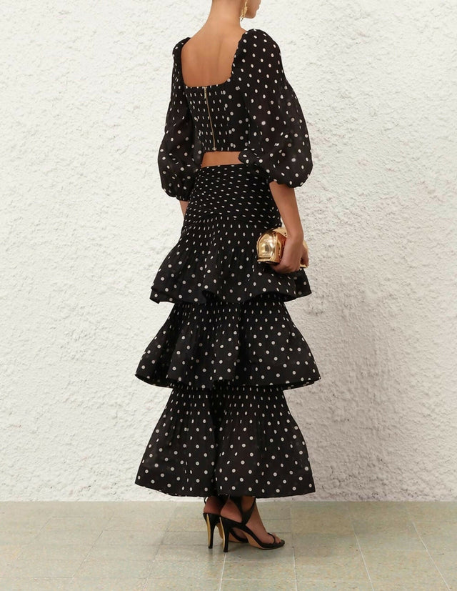 Zimmermann Pleated Draped Bodice and Tiered Midi Skirt in Black Dot - Outfit Sets