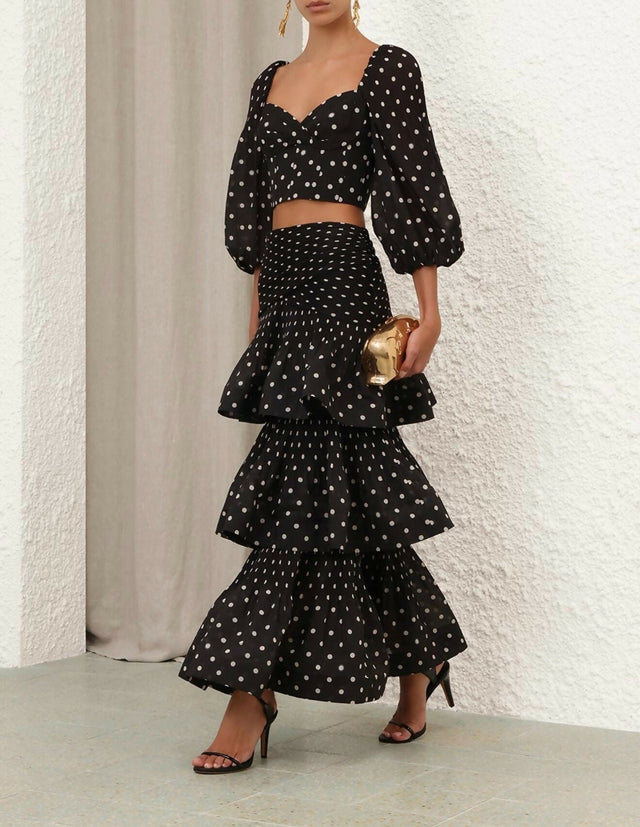 Zimmermann Pleated Draped Bodice and Tiered Midi Skirt in Black Dot - Outfit Sets