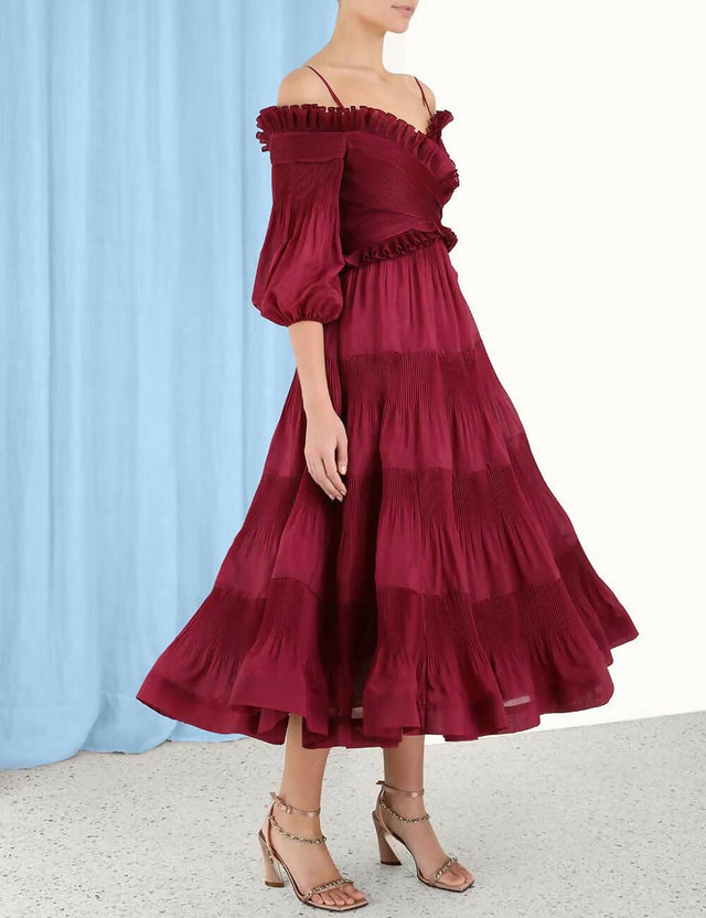 Zimmermann Pleated Off Shoulder Midi Berry Size 2 - Dresses