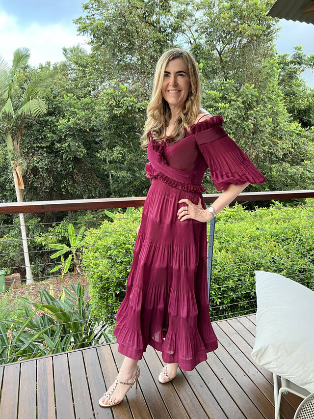 Zimmermann Pleated Off Shoulder Midi Berry Size 2 - Dresses