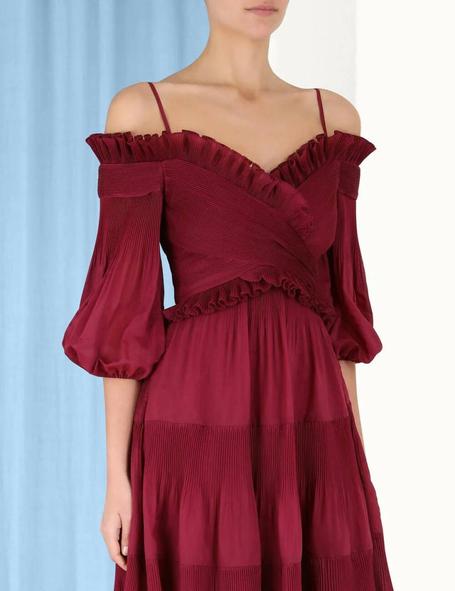 Zimmermann Pleated Off Shoulder Midi Berry Size 2 - Dresses