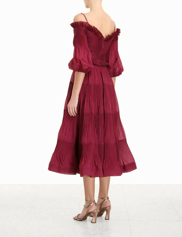 Zimmermann Pleated Off Shoulder Midi Berry Size 2 - Dresses