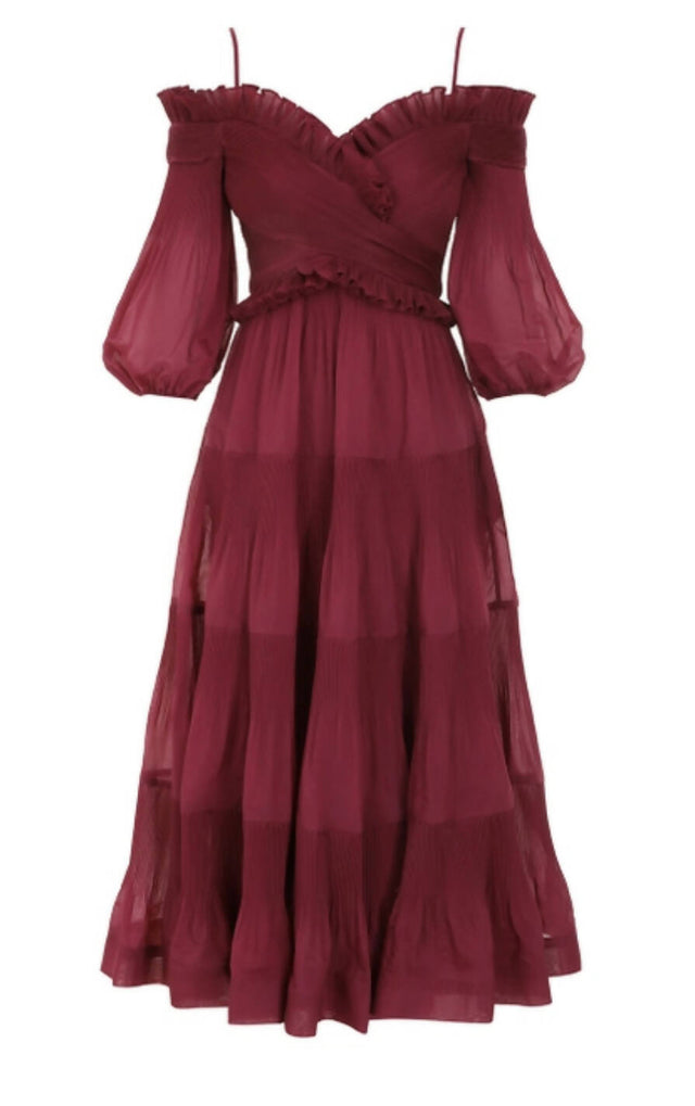 Zimmermann Pleated Off Shoulder Midi Berry Size 2 - Dresses
