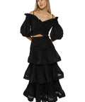 Zimmermann Pleated Off the Shoulder Top and Ruffle Tiered Skirt Set - 12 / Black - Outfit Sets