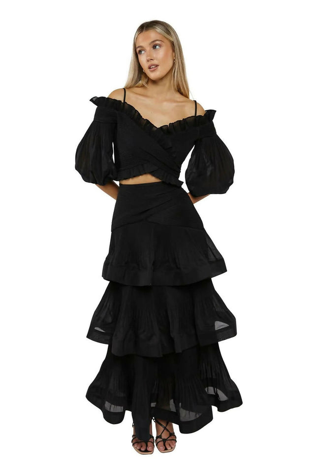 Zimmermann Pleated Off the Shoulder Top and Ruffle Tiered Skirt Set - 12 / Black - Outfit Sets