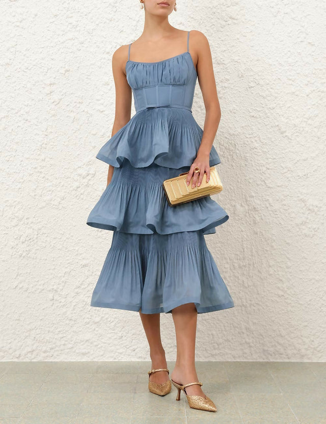 Zimmermann Pleated Tiered Midi Dress - 10 / Blue - Dresses