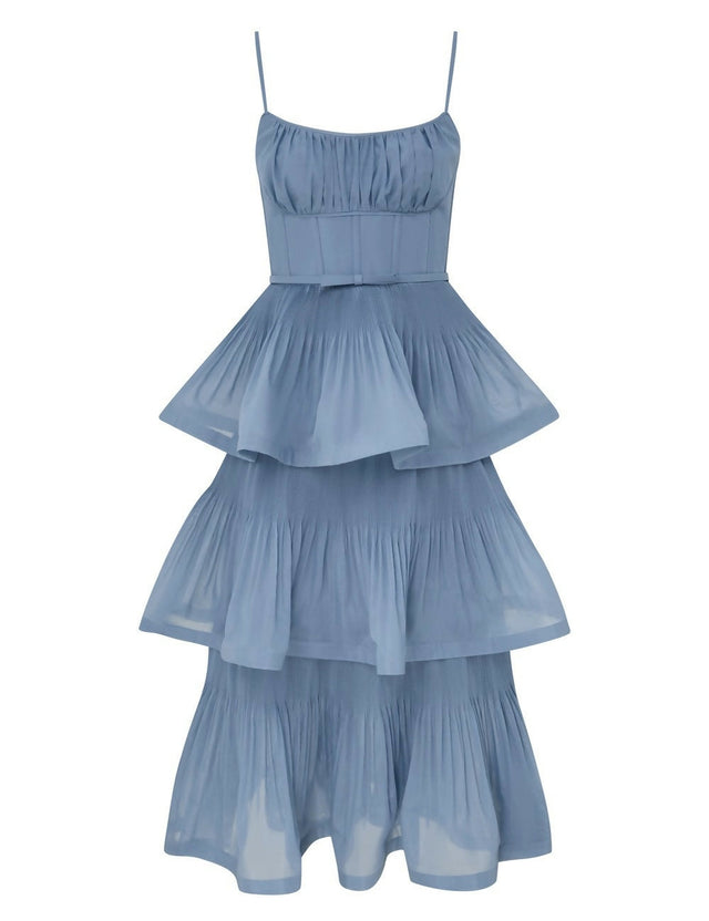Zimmermann Pleated Tiered Midi Dress - 10 / Blue - Dresses