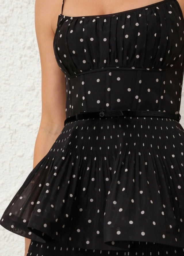Zimmermann Pleated Tiered Midi Dress in Black/Cream Polka Dot - 12 / Black - Dresses