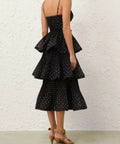 Zimmermann Pleated Tiered Midi Dress in Black/Cream Polka Dot - 12 / Black - Dresses
