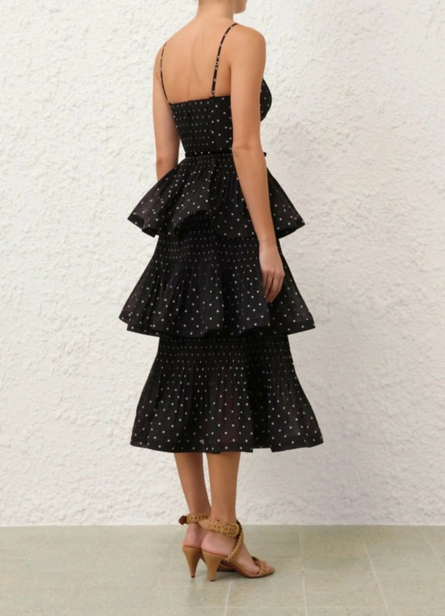 Zimmermann Pleated Tiered Midi Dress in Black/Cream Polka Dot - 12 / Black - Dresses