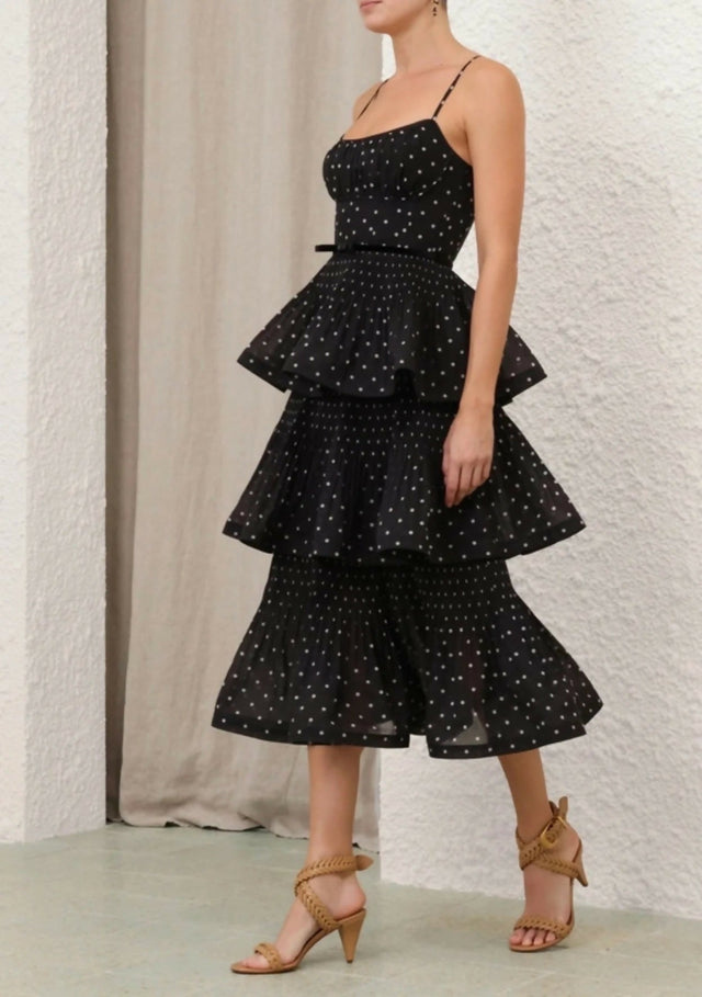 Zimmermann Pleated Tiered Midi Dress in Black/Cream Polka Dot - 12 / Black - Dresses