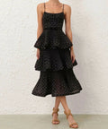 Zimmermann Pleated Tiered Midi Dress in Black/Cream Polka Dot - 12 / Black - Dresses