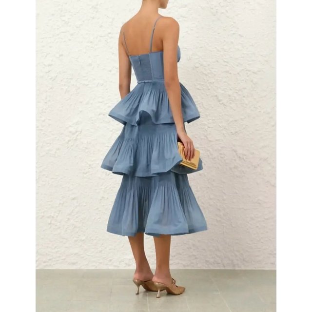 Zimmermann Pleated Tiered Midi Dress in Deep Blue - 12 / Blue - Dresses