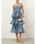 Zimmermann Pleated Tiered Midi Dress in Deep Blue - 12 / Blue - Dresses