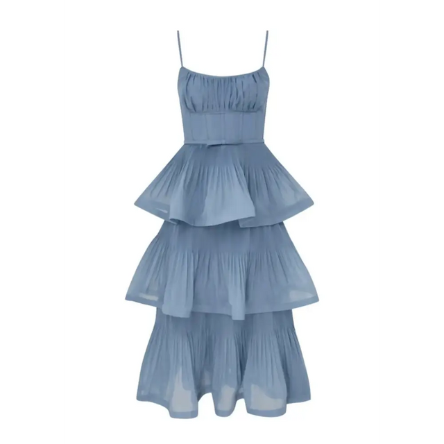 Zimmermann Pleated Tiered Midi Dress in Deep Blue
