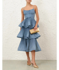 Zimmermann Pleated Tiered Midi Dress in Deep Blue - Dresses