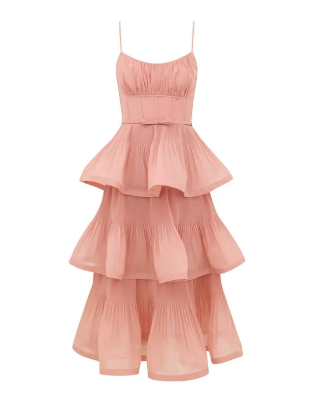 Zimmermann Pleated Tiered Midi Dress in Dusty Pink - 12 / Pink - Dresses