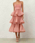 Zimmermann Pleated Tiered Midi Dress in Dusty Pink - 12 / Pink - Dresses
