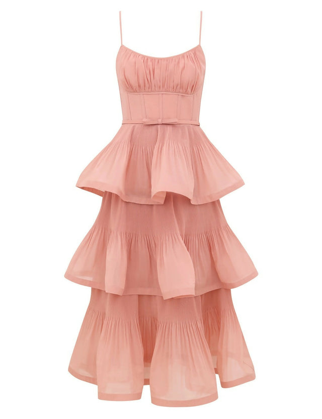 Zimmermann Pleated Tiered Midi Dress in Dusty Pink - Dresses